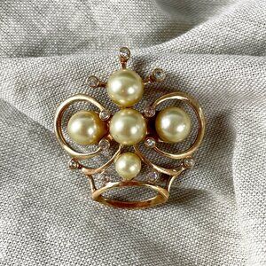 Atomic crown brooch with pearls and rhinestones - 1950s vintage